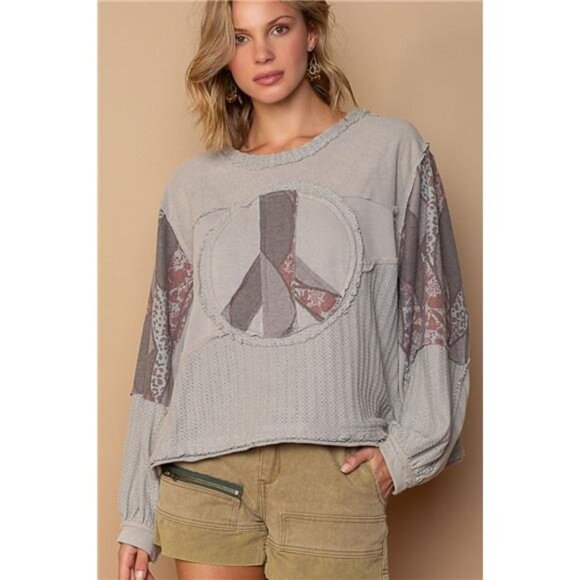 POL Tops - POL‎ Long Sleeve Cut Sew Peace Emblem Top